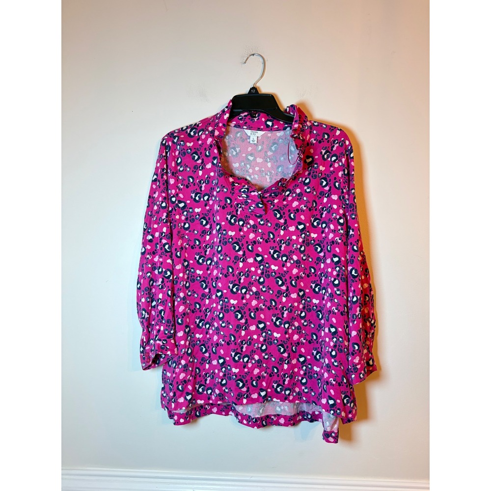 Crown & Ivy Tunic Top Womens L Pink Leopard Print Ruffle Neck Long Sleeve Blouse